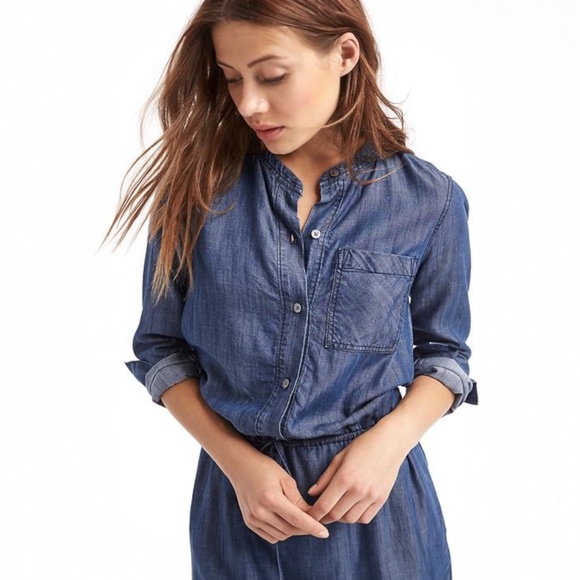 Chambray [GAP] 1/2 Button Down Mini Dress | NWT Blue Jean + Pockets | Small - Picture 13 of 16
